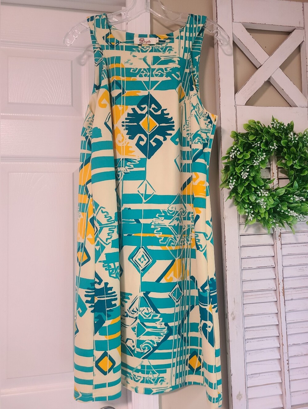 Vintage ARYEH Dress Large Made in USA Sleeveless Geometric Print Shift Boho
